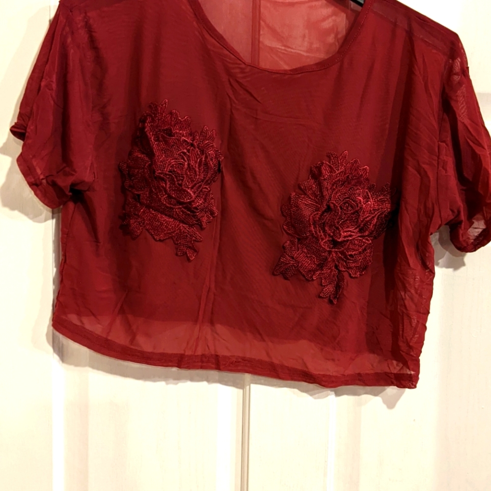 Missguided burgundy semi sheer mesh crop top with embroidered flowers in size 6